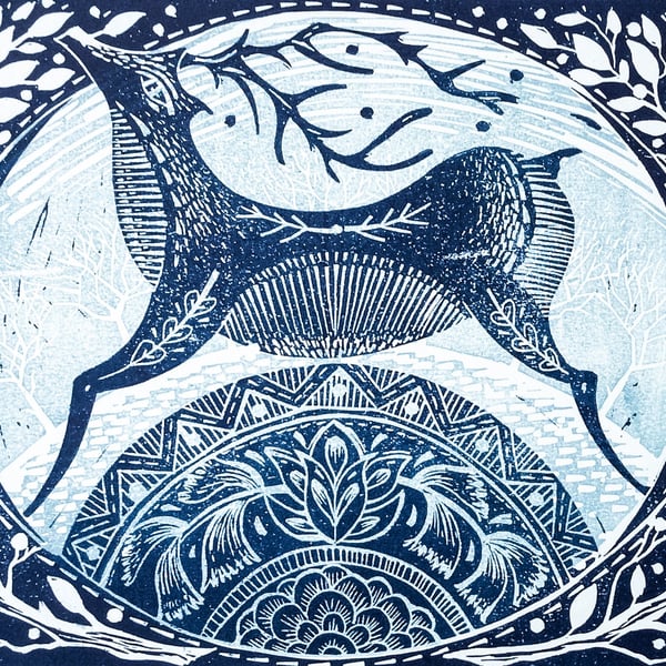 Winter Deer original Lino print PRINT SALE