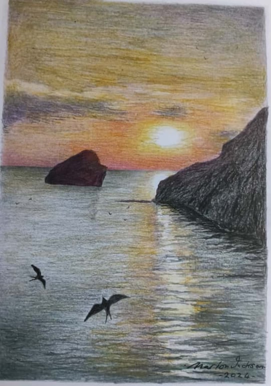 SUNSET AT BROADHAVEN - Colour pencil drawing 