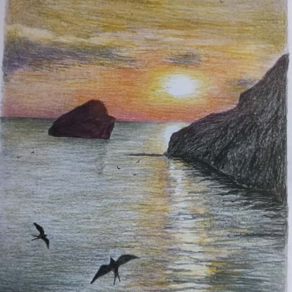 SUNSET AT BROADHAVEN - Colour pencil drawing 