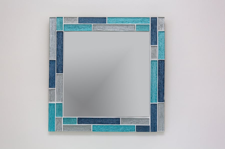 Bathroom Mirror in Blue, Aqua & Silver 40cm