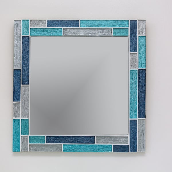 Bathroom Mirror in Blue, Aqua & Silver 40cm