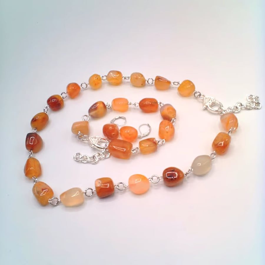 Red and Pale Carnelian Chunky Nugget Bead 3 Piece Jewellery Set, Gift for Her