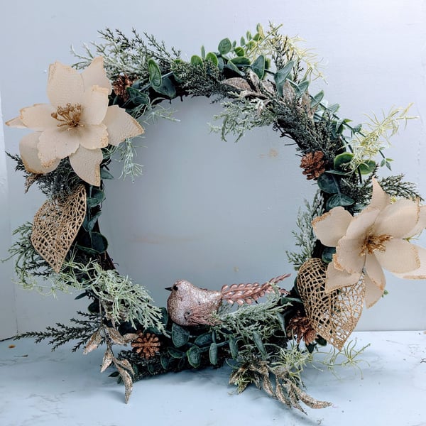 Large Golden Christmas wreath with poinsettia and golden bird 