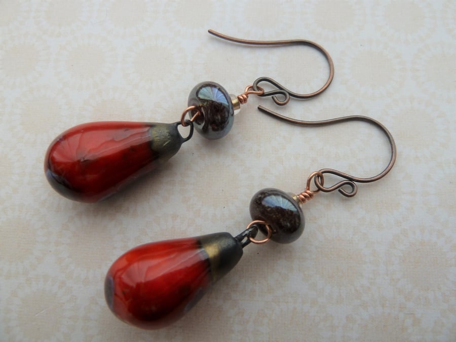 handmade copper, lampwork and ceramic earrings, red drops