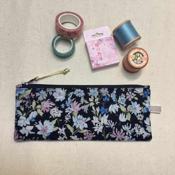 Blue Floral Japanese Fabric Slim Pencil Case