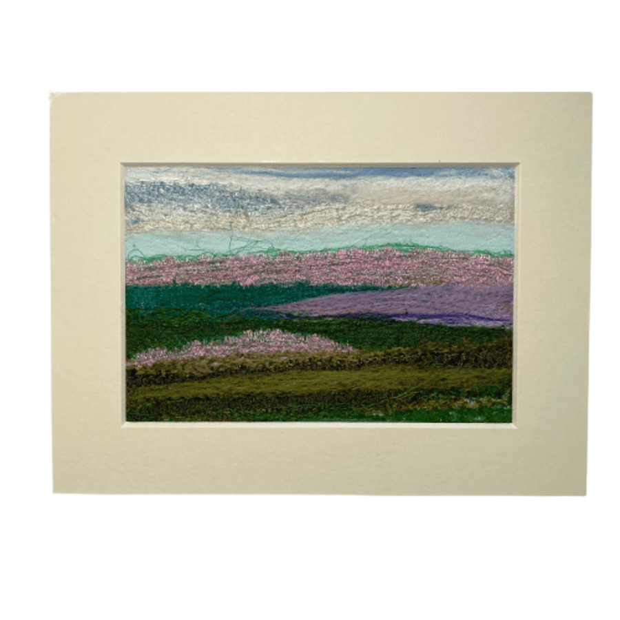 Textile picture, needle felted, wool and silk, fields of heather 8"x6"mounted