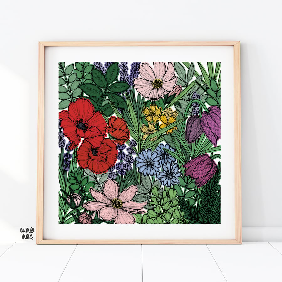 Wildflower Meadow Print - Wildflower Art Print - Floral Illustration - Flowers