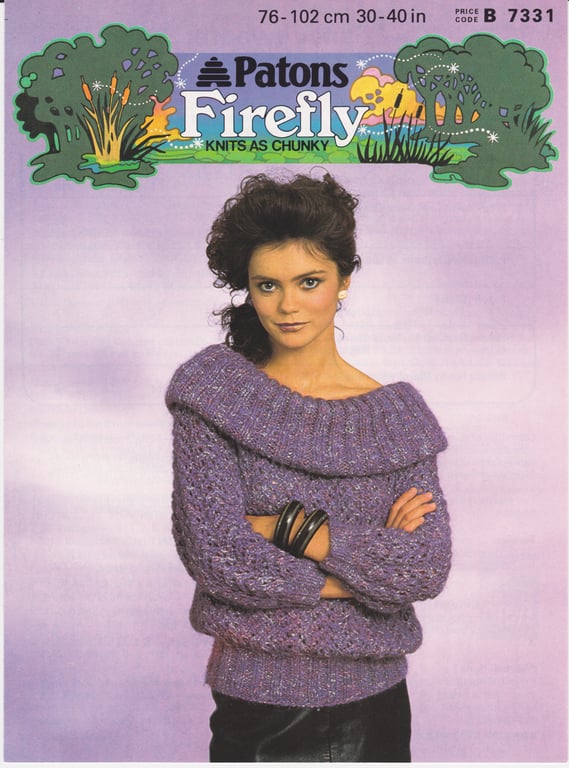 Vintage Knitting Pattern B7331: Patons Huge Collar Zig-Zag Knit Sweater