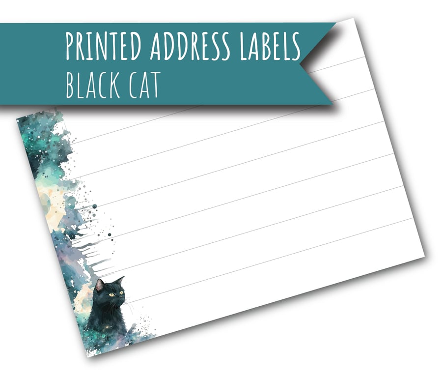 Printed self-adhesive address labels, beautiful black cat