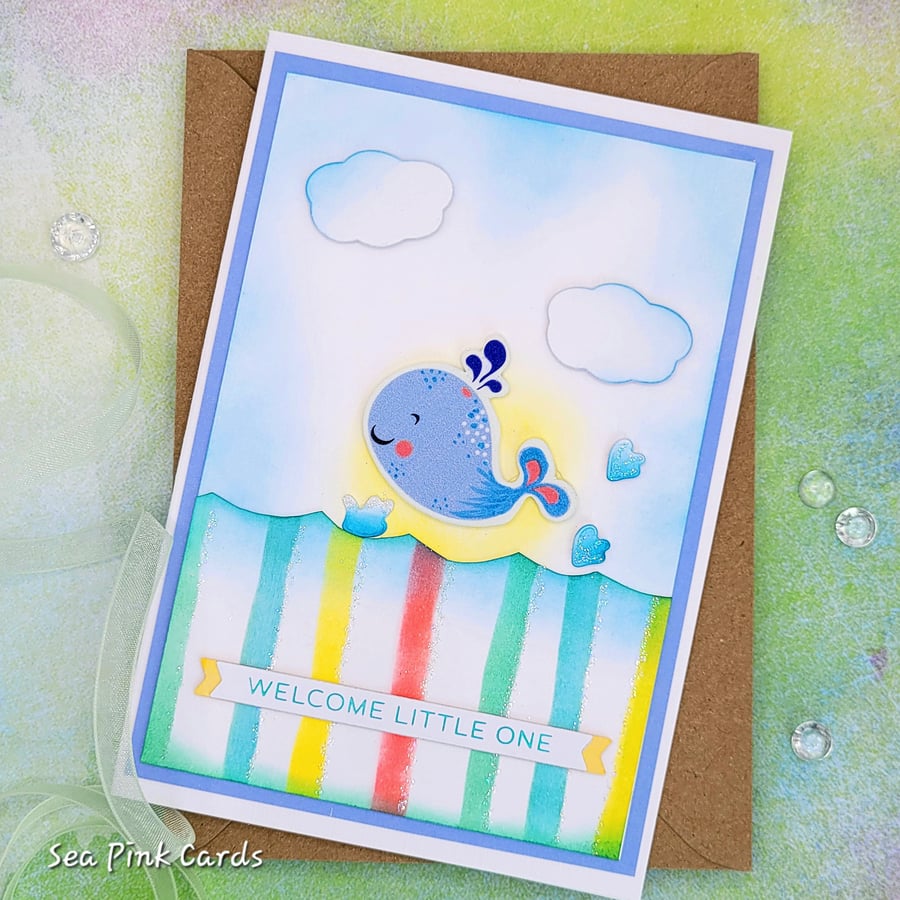  New Baby Card - baby whale, crayon stripes, splashes, waves, sun, clouds