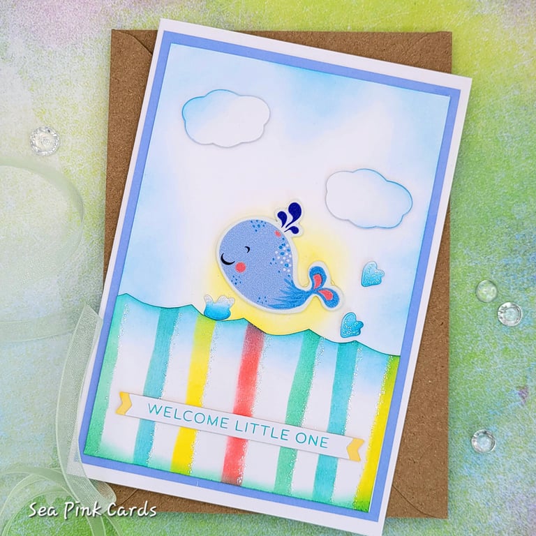  New Baby Card - baby whale, crayon stripes, splashes, waves, sun, clouds