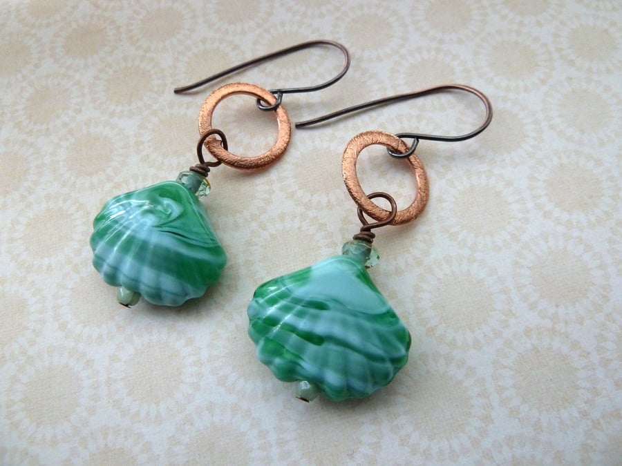 lampwork and copper sea shell earrings