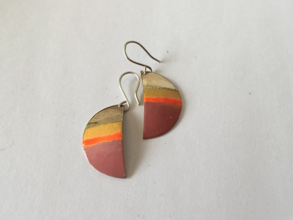 Silver and Brass Half Round Enamel Dangly Earrings