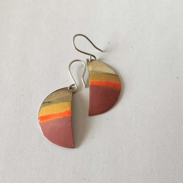 Silver and Brass Half Round Enamel Dangly Earrings