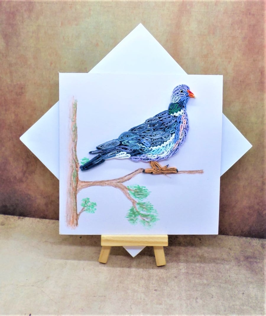 Beautiful quilled Woodpigeon sitting in a hand painted tree open card