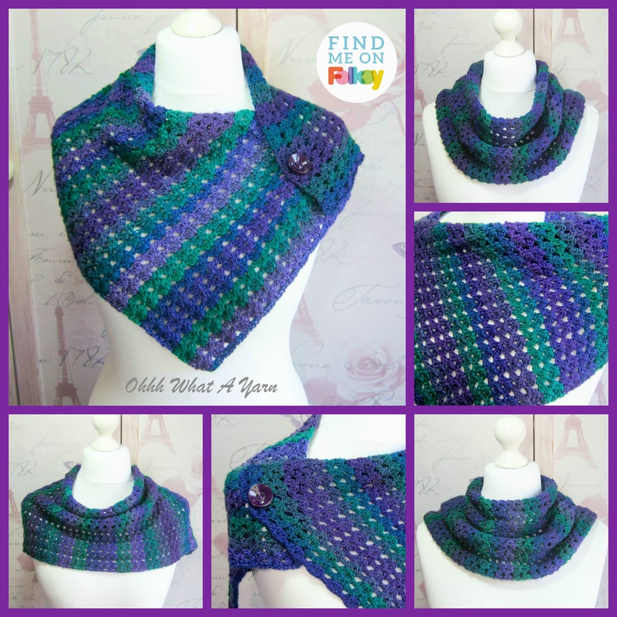 Crochet purple blue and green scarf. Crochet wrap. Purple scarf.