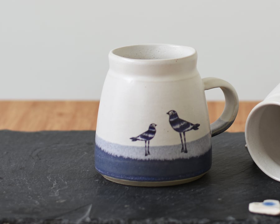Ceramic mug with stripy birds - blue and white handmade pottery