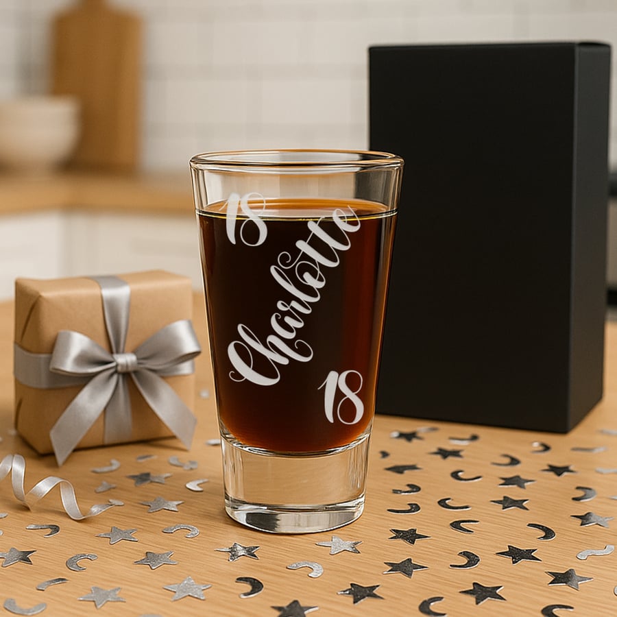 Personalised Birthday Shot Glass - Swirl Script Name & Age - Custom Engraved 