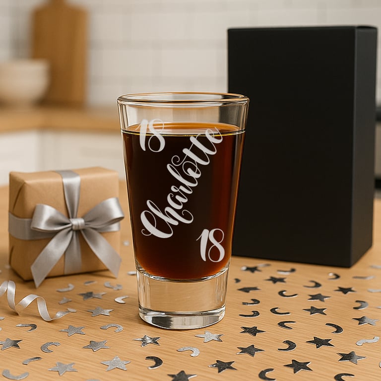 Personalised Birthday Shot Glass - Swirl Script Name & Age - Custom Engraved 