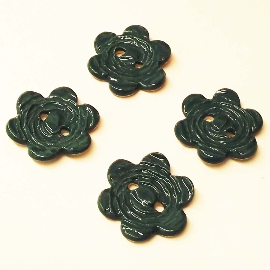 Set of four large dark TEAL flower ceramic buttons pottery