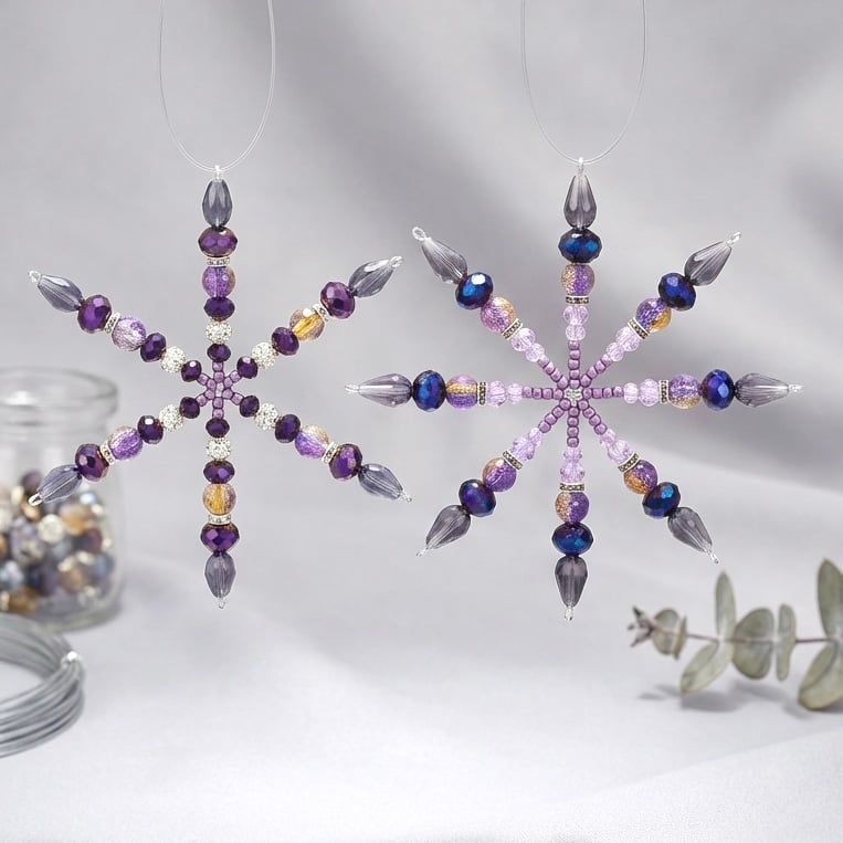 Set of Two Plum beaded Snowflake Tree Decorations,.