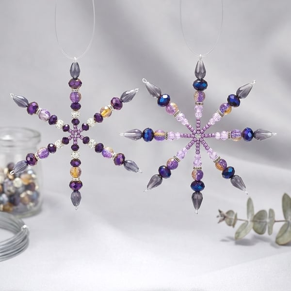 Set of Two Plum beaded Snowflake Tree Decorations,.