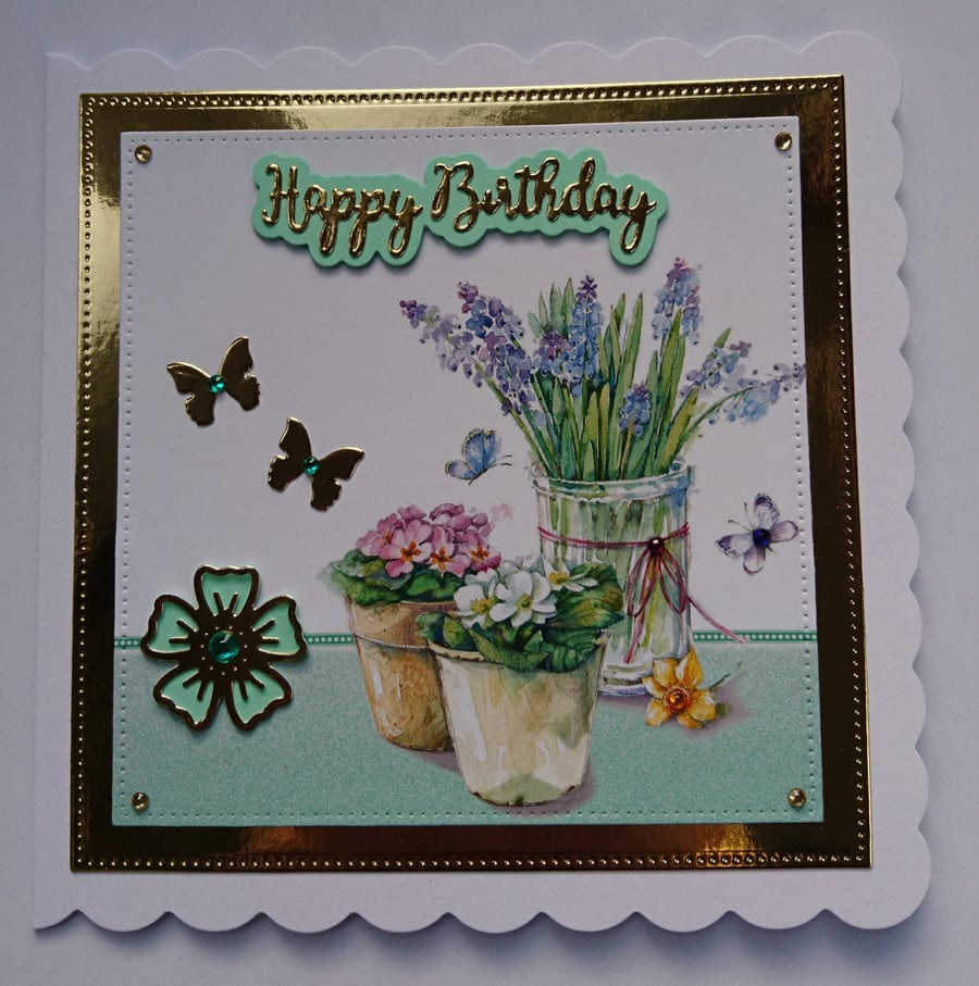 Happy Birthday Card Spring Flower Pots Vase and Butterflies 3D Luxury Handmade