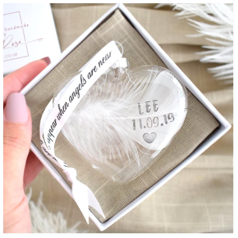 Personalised Real White Feather Memorial Heart Bauble. Gift Boxed Custom Name Da