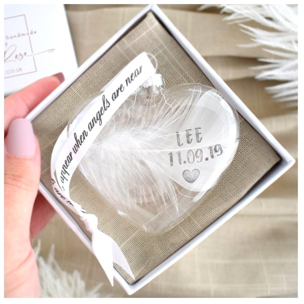 Personalised Real White Feather Memorial Heart Bauble. Gift Boxed Custom Name Da