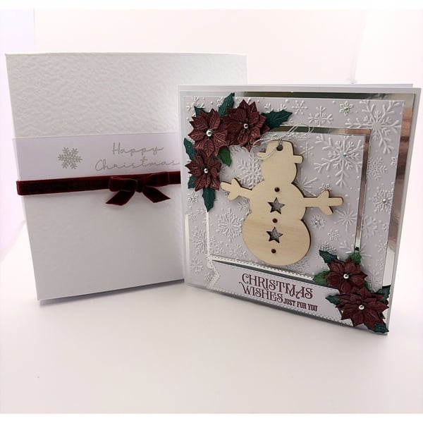 Luxury Handmade Christmas Card - Snowman, Poinsettias, Boxed Keepsake