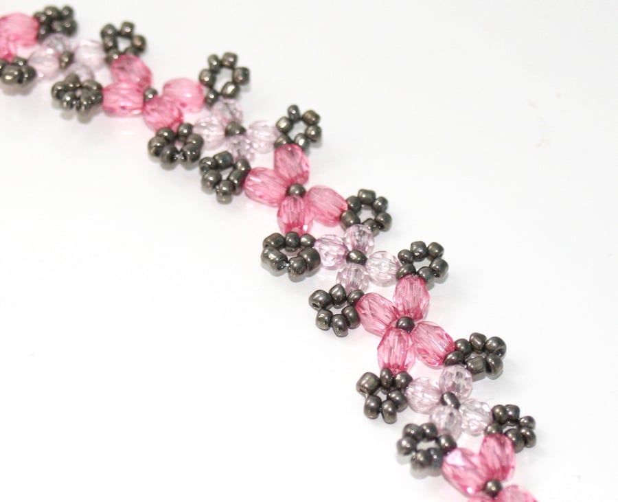 Pink and grey beadwork bracelet