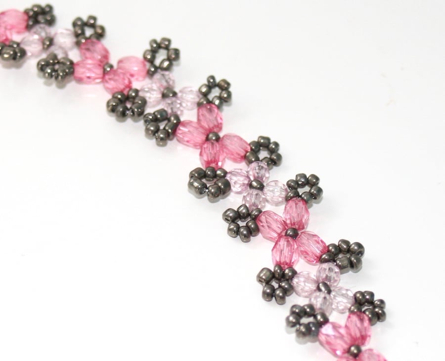 Pink and grey beadwork bracelet