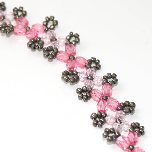Pink and grey beadwork bracelet