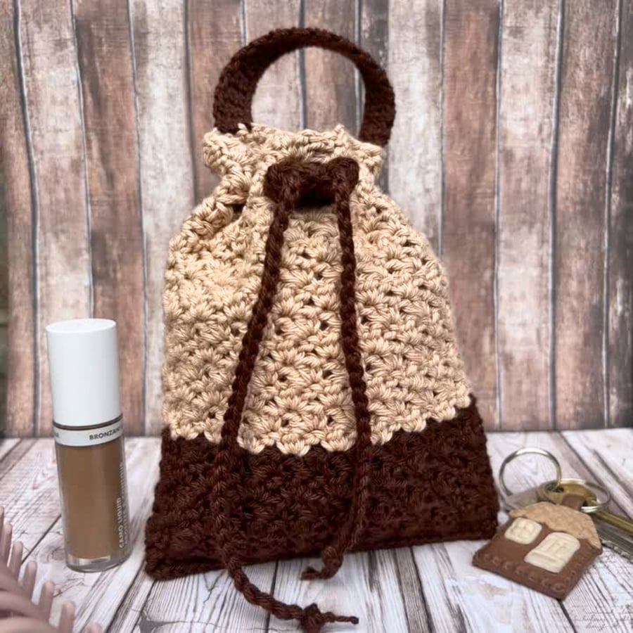 Two Tone Crochet Drawstring Pouch With Handle, Brown & Beige Small Bag