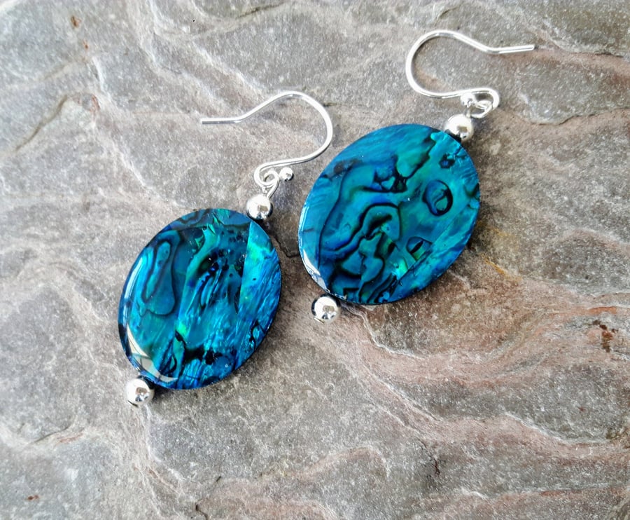 Blue-green Paua Shell  and Silver Drop Earrings 