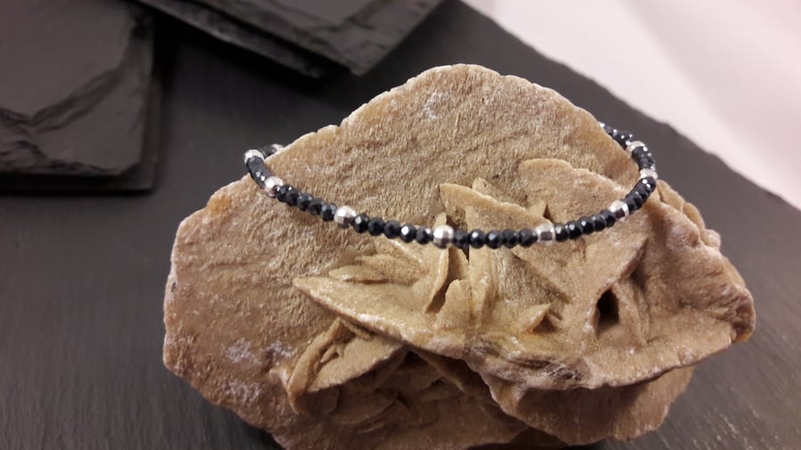 Silver Coated Black Spinel & Sterling Silver Bracelet With Your Choice of Charm
