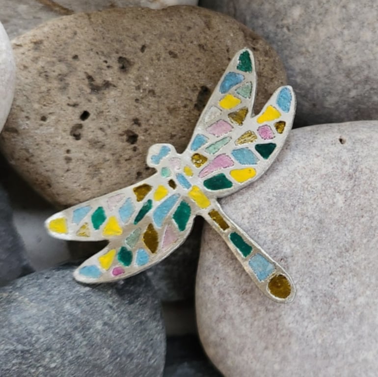 Dragongly brooch in glass painted etched pewter