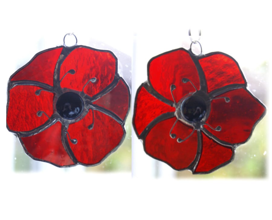Poppy Suncatcher Stained Glass Small Handmade Red Flower 001 002