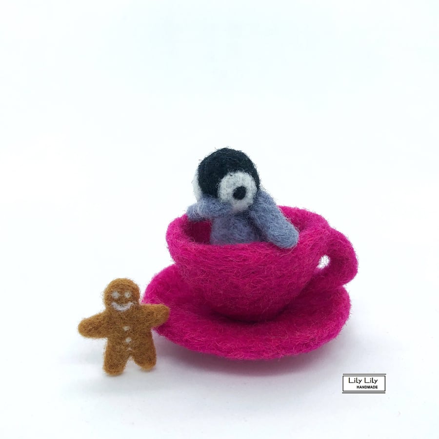 Penguin and gingerbread man in a teacup, needle felted, SALE 