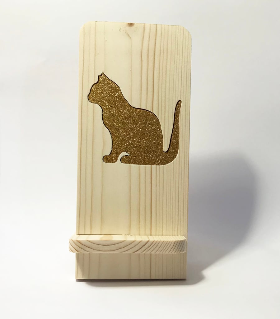 Phone Holder - Wood - Golden Perspex cat inlay