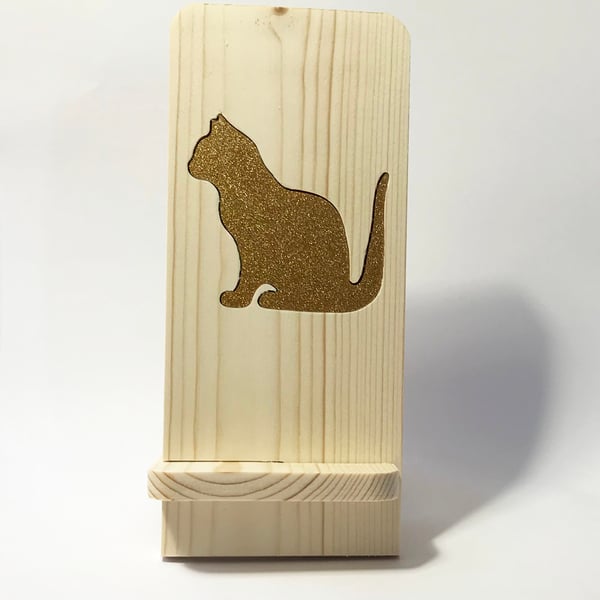Phone Holder - Wood - Golden Perspex cat inlay