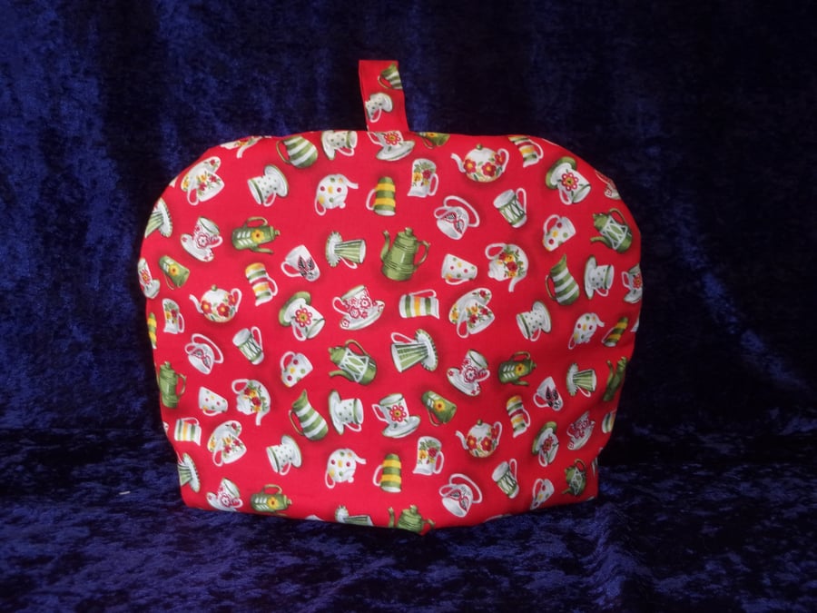 Tea Cups and Teapots on Red Large Tea Cosy