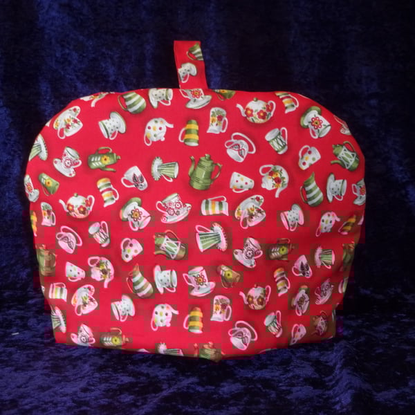 Tea Cups and Teapots on Red Large Tea Cosy