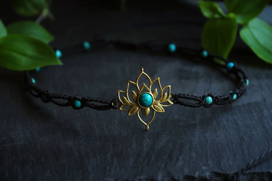 Macrame choker with turquoise and lotus brass charm