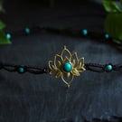 Macrame choker with turquoise and lotus brass charm