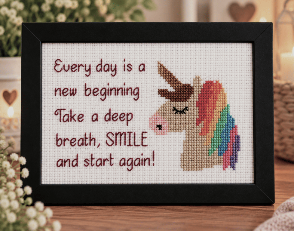 Unicorn Cross Stitch – Every Day Is a New Beginning – Inspirational Framed Gift 