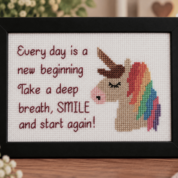 Unicorn Cross Stitch – Every Day Is a New Beginning – Inspirational Framed Gift 