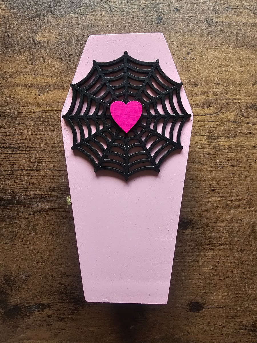 Spiderweb Pink Wooden Coffin Shaped Jewellery or Trinket Box