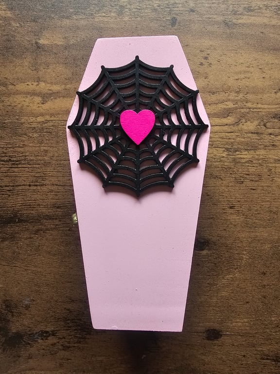 Spiderweb Pink Wooden Coffin Shaped Jewellery or Trinket Box