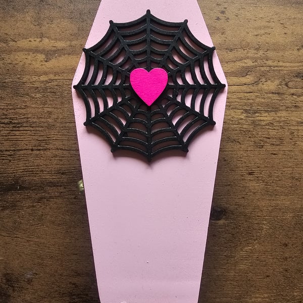 Spiderweb Pink Wooden Coffin Shaped Jewellery or Trinket Box